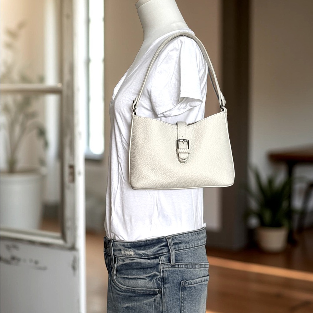 White Microfiber Leather Shoulder Bag with Minimalist Design - Picture 6 of 7